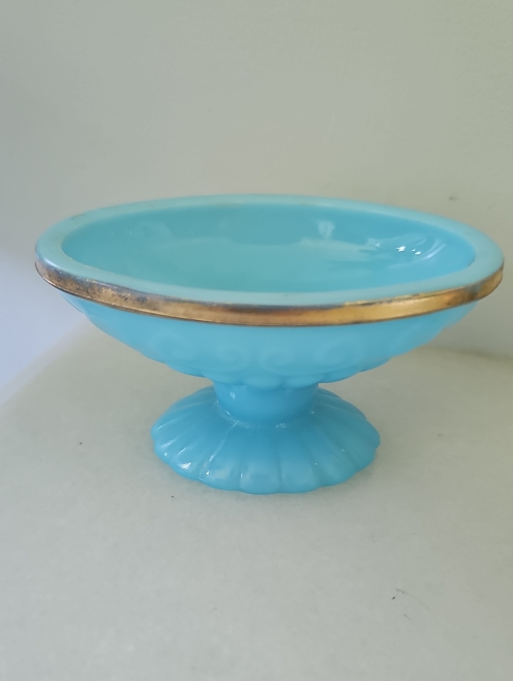Avon Blue Glass Pedestal Dish with Gold Trim 1970s Soap Home Decor Trinket